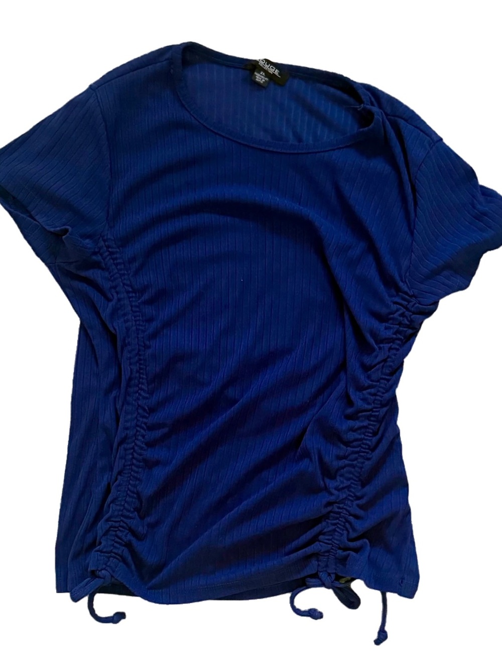 Rouge Collection Navy Blue Ribbed Side Ruched Top Short Sleeve (2X)